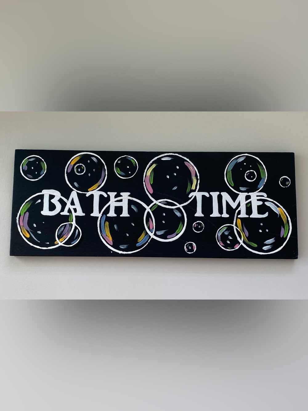 Bath Time Wall Art Sign - Black with Colorful Bubbles